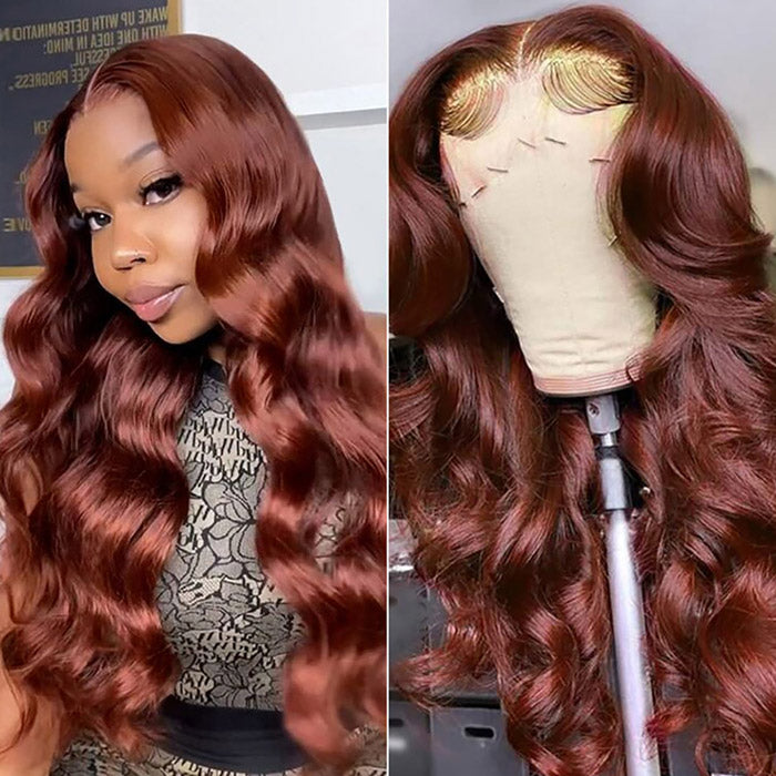 #33 Reddish Copper Brown Body Wave 13x4 Lace Front Breathable Airy Cap Real Glueless Human Wigs