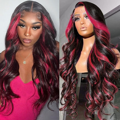 Skunk Strip Burgundy Highlight Body Wave Lace Front Wig 13x4 Glueless Body Wave Human Hair Wig