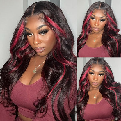 Skunk Strip Burgundy Highlight Body Wave Lace Front Wig 13x4 Glueless Body Wave Human Hair Wig