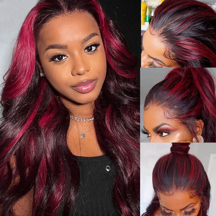 Skunk Strip Burgundy Highlight Body Wave Lace Front Wig 13x4 Glueless Body Wave Human Hair Wig