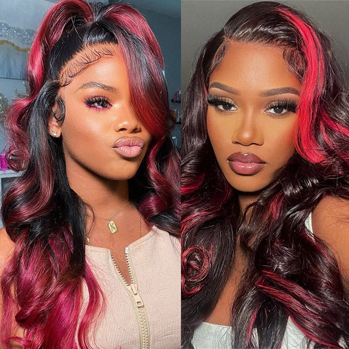 Skunk Strip Burgundy Highlight Body Wave Lace Front Wig 13x4 Glueless Body Wave Human Hair Wig