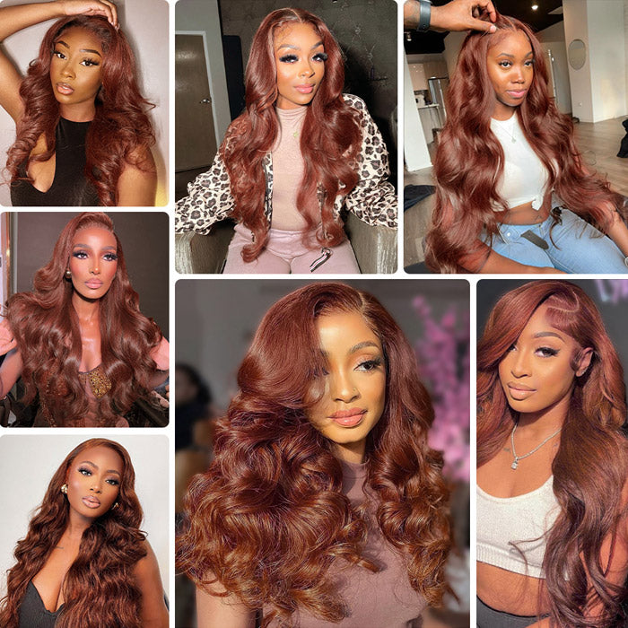 #33 Reddish Copper Brown Body Wave 13x4 Lace Front Breathable Airy Cap Real Glueless Human Wigs