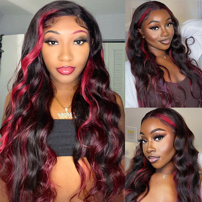 Skunk Strip Burgundy Highlight Body Wave Lace Front Wig 13x4 Glueless Body Wave Human Hair Wig