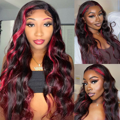 Skunk Strip Burgundy Highlight Body Wave Lace Front Wig 13x4 Glueless Body Wave Human Hair Wig