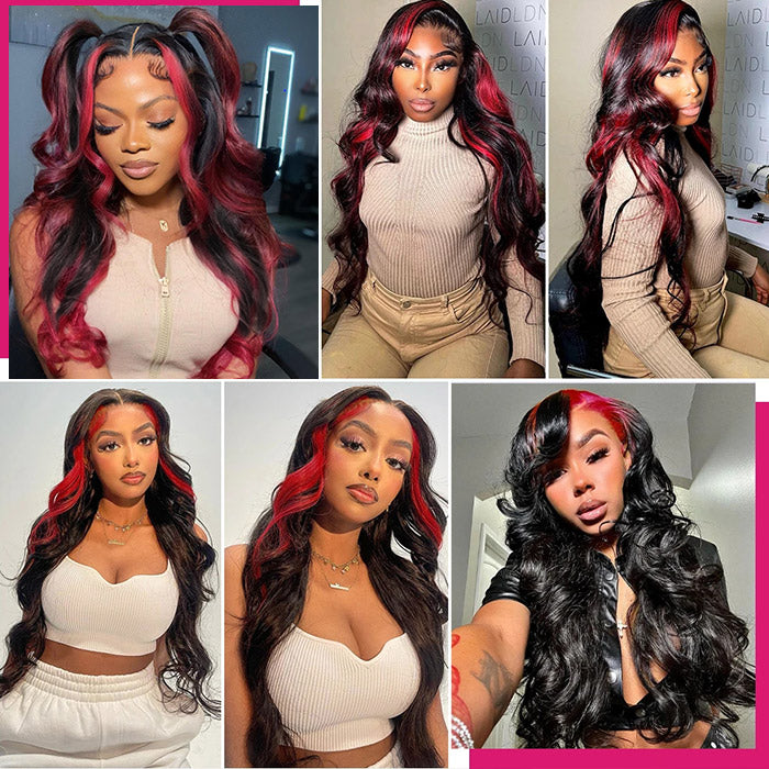 Skunk Strip Burgundy Highlight Body Wave Lace Front Wig 13x4 Glueless Body Wave Human Hair Wig