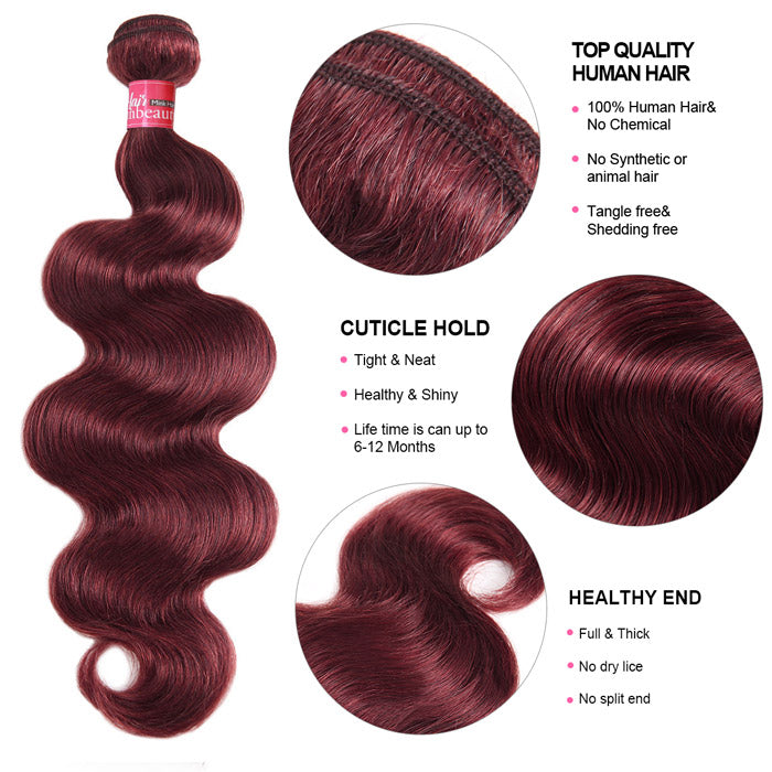 Burgundy Body Wave Hair Wavy 3 Bundles Pack Brazilian Human Hair