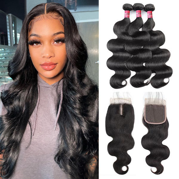 Malaysian Hair Body Wave Human Hair 3 Bundles with 4x4 Lace Closure With Baby Hair