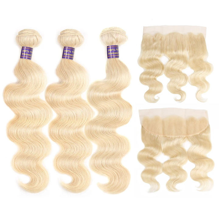 613 Blonde Color High Quality Virgin Body Wave Hair 3 Bundles With 13*4 Lace Frontal In Stock