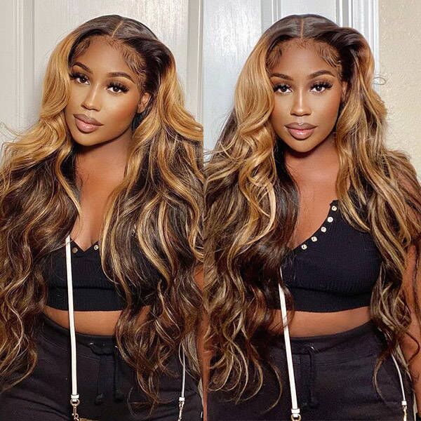 Honey Blonde Highlights Glueless Wig 13x6 Lace Front Wig Body Wave Hair Wig HD Lace Frontal Wig