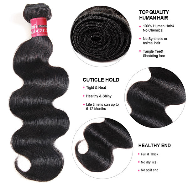 Body Wave Hair 3 Bundles with Lace Closure Peruvian Hair Bundles with 4x4 Lace Closure
