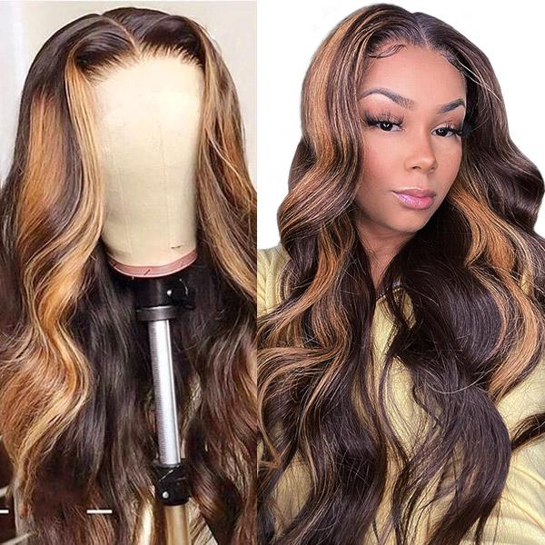 Honey Blonde Highlight 13x4 Glueless Lace Front Wig Body Wave Human Hair Body Wave HD Lace Wigs