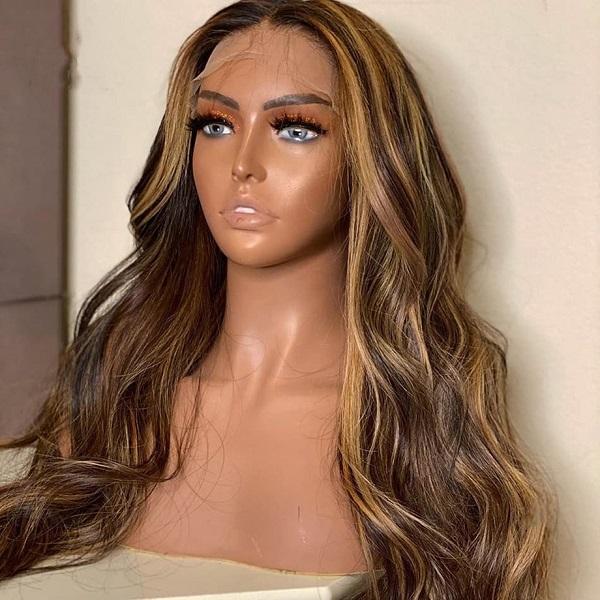 Honey Blonde Highlight Color Middle Part T Lace Wig Ombre Human Hair Straight Hair Body Wave