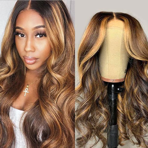 Honey Blonde Highlight Color Middle Part T Lace Wig Ombre Human Hair Straight Hair Body Wave