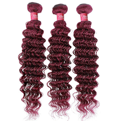 99J Burgundy Human Hair Bundles With Closure Deep Wave Hair Closure With 3 Bundles Brazilian Hair