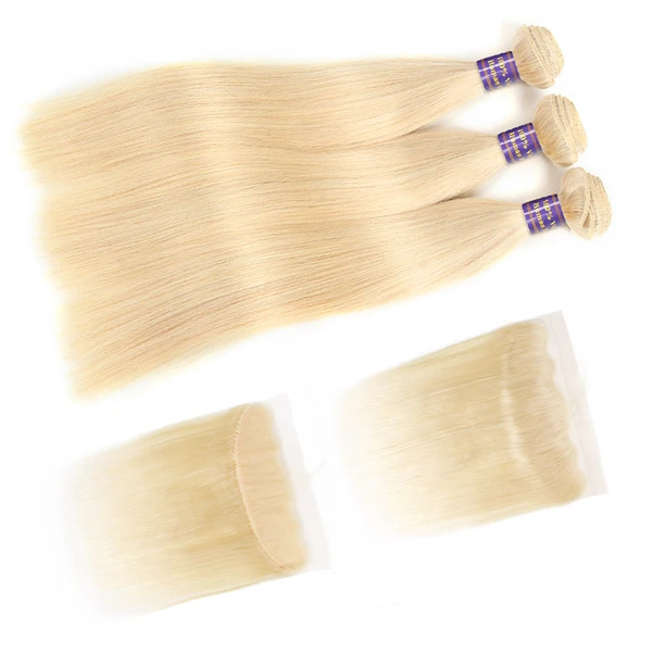 613 Blonde Straight Human Hair 3 Bundles with 13*4 Lace Frontal Brazilian Hair