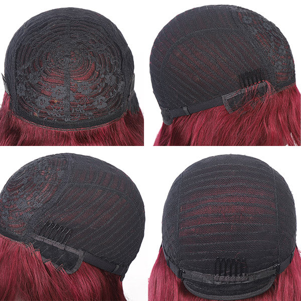 99J Straight Human Hair Machine Made Wigs With Bangs Burgundy Color