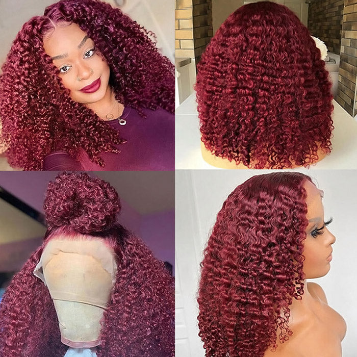 Glueless Burgundy Deep Curly Short Wig 14 Inch Lace Front Wigs