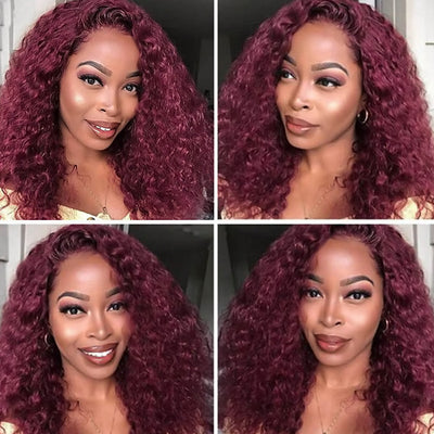 Glueless Burgundy Deep Curly Short Wig 14 Inch Lace Front Wigs