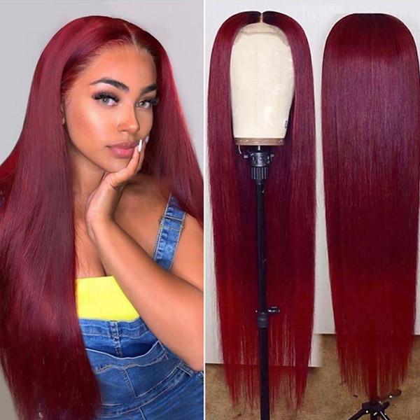 99J Burgundy Straight Virgin Human Hair Transparent HD Lace Middle Part T Lace Wigs Pre-Plucked With Baby Hair Wine Red Hair Color Lace Wigs Body Wave 99J Color Lace Front Wig In Stock