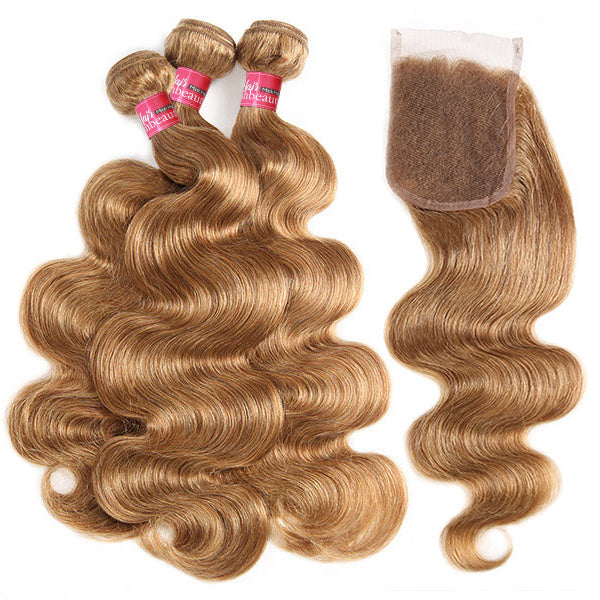 Brazilian Hair Bundles With Closure 27# Colored Body Wave Human Hair 3 Bundles With HD Closure With Baby Hair