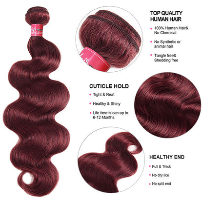 Burgundy Bundles with Closure Body Wave Human Hair 3 Bundles With 4x4 Lace Closure Brazilian Hair