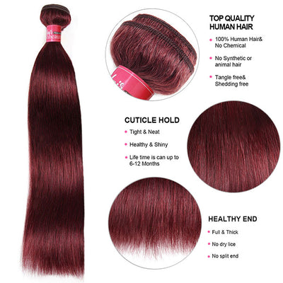 99J Burgundy Hair 3 Hair Bundles With Closure Bone Straight Human Hair With Baby Hair For Black Women