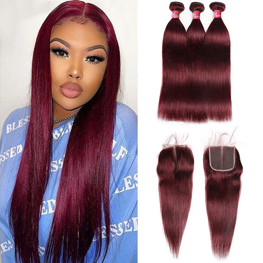 99J Burgundy Hair 3 Hair Bundles With Closure Bone Straight Human Hair With Baby Hair For Black Women