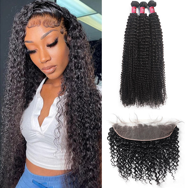 Curly Bundles with Frontal Brazilian Human Hair 3 Bundles with 13x4 HD Lace Frontal Closure