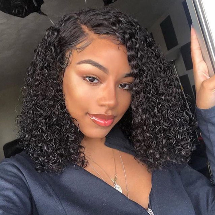 100% Virgin Human Hair Wigs,Short Bob Jerry Curls Lace Front Wig