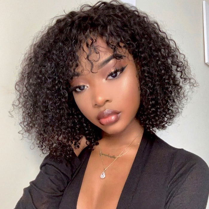 100% Virgin Human Hair Wigs,Short Bob Jerry Curls Lace Front Wig