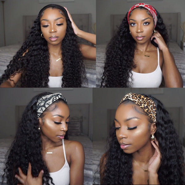 Headband Wigs Deep Wave Human Hair Half Wigs with Headbands 150% Density
