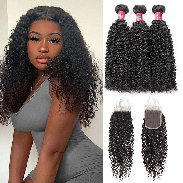 Mink Hair 100% Virgin Brazilian Human Hair Curly Wave 3 Bundles With 5*5 Lace Closure