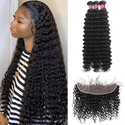 Human Hair Bundles with Frontal Brazilian Deep Wave Hair 3 Bundles with 13x4 Front Closure