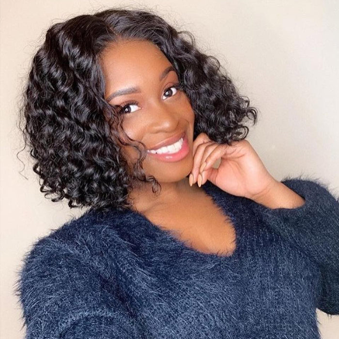 100% Virgin Human Hair Wigs,Short Bob Deep Wave Lace Front Wig