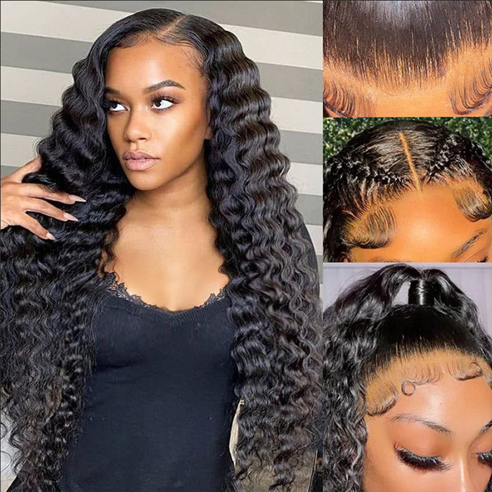 Glueless Deep Wave Lace Front Wig 13x4 HD Lace Front Human Hair Wig With Pre-cut Lace Deep Curly Wigs
