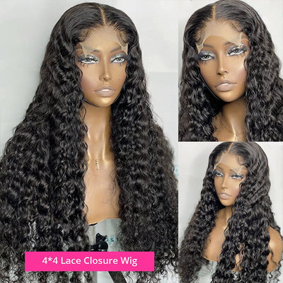 Deep Curly Lace Closure Wig 4x4 HD Lace Wig Pre-plucked 40 Inch Long Human Hair Wig Glueless Wigs 250 Density