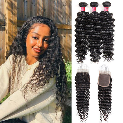 Peruvian Deep Wave With 4*4 Lace Closure 100% Unprocessed Human Hair Extension