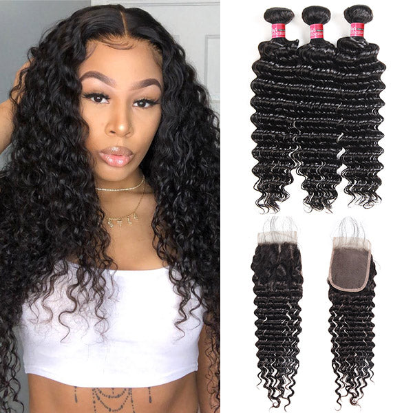 Brazilian Deep Wave With 4*4 Lace Closure 100% Unprocessed Human Hair Extension