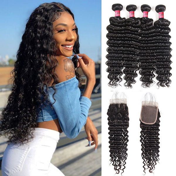 Brazilian Deep Wave With 4*4 Lace Closure 100% Unprocessed Human Hair ExtensionMink Hair 4 Bundles Deep Wave Hair with 4*4 Lace Closure Brazilian Hair Extensions