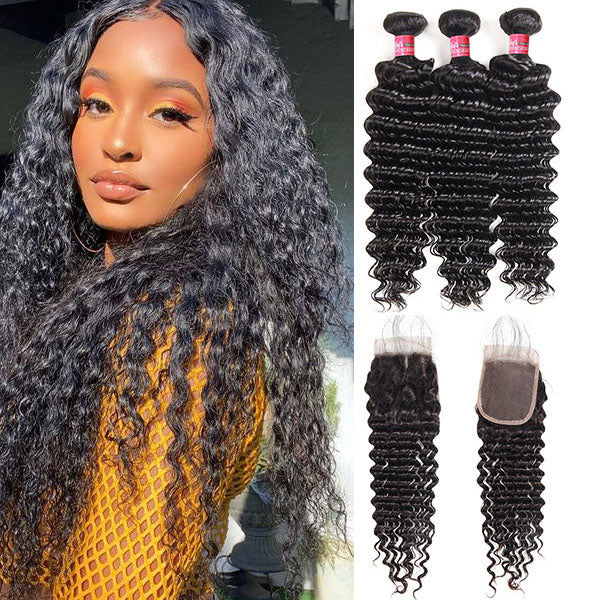 Mink Hair 100% Virgin Brazilian Deep Wave Human Hair 3 Bundles With 5*5 Lace Closure