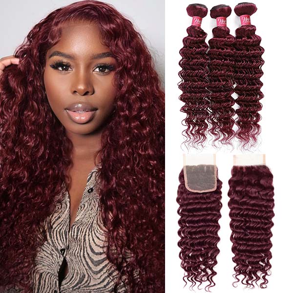 99J Burgundy Human Hair Bundles With Closure Deep Wave Hair Closure With 3 Bundles Brazilian Hair