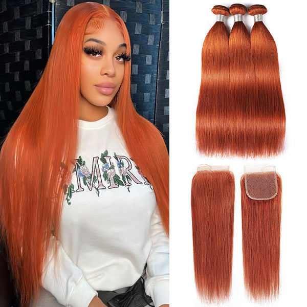 Ginger Straight Hair 3 Bundles With HD 4x4 Lace Closure Ginger Orange Color