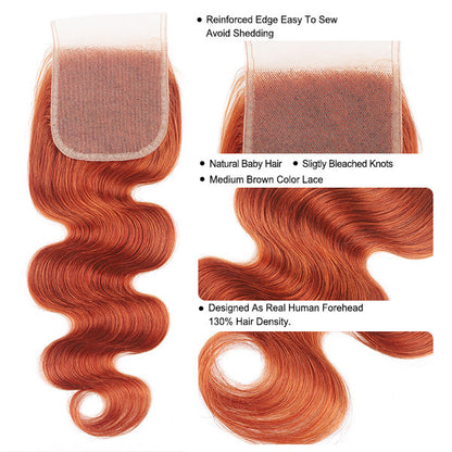 Ginger Body Wave Hair Bundles Human Hair Sew In 3 Bundles with 4x4 Lace Closure