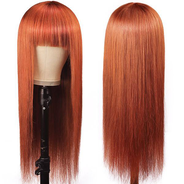 Glueless Virgin Human Hair Wigs With Bangs Machine Made Ginger Color Straight Virgin Hair lace front wigs Wig In Stock