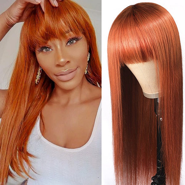 Ginger Color Straight Breathable Machine Made Glueless Wig With Bangs