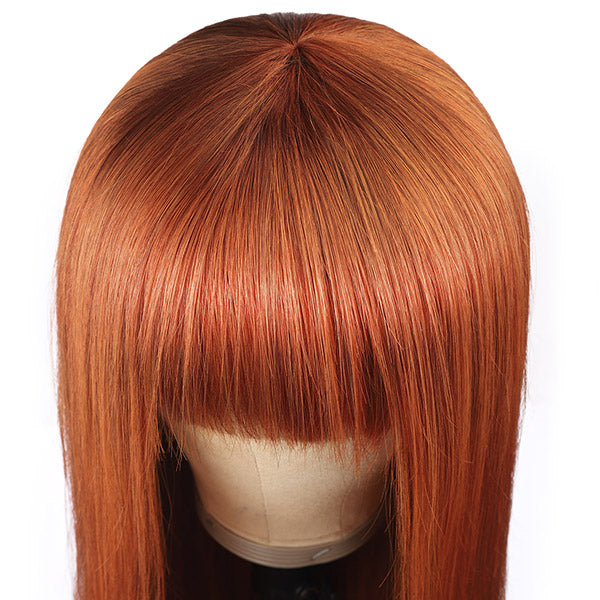 Glueless Virgin Human Hair Wigs With Bangs Machine Made Ginger Color Straight Virgin Hair Wig Without Lace Front Wigs In Stock