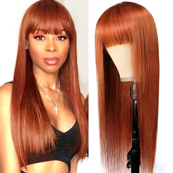 Ginger Color Straight Breathable Machine Made Glueless Wig With Bangs