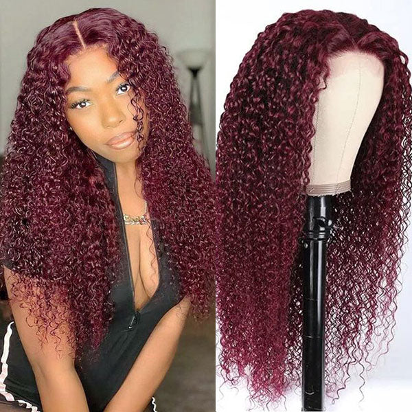 99J Deep Wave Wig Glueless Lace Front Wig Burgundy Deep Curly Human Hair Wigs with Baby Hair Pre-Cut Lace