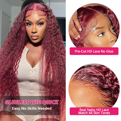 99J Deep Wave Wig Glueless Lace Front Wig Burgundy Deep Curly Human Hair Wigs with Baby Hair Pre-Cut Lace