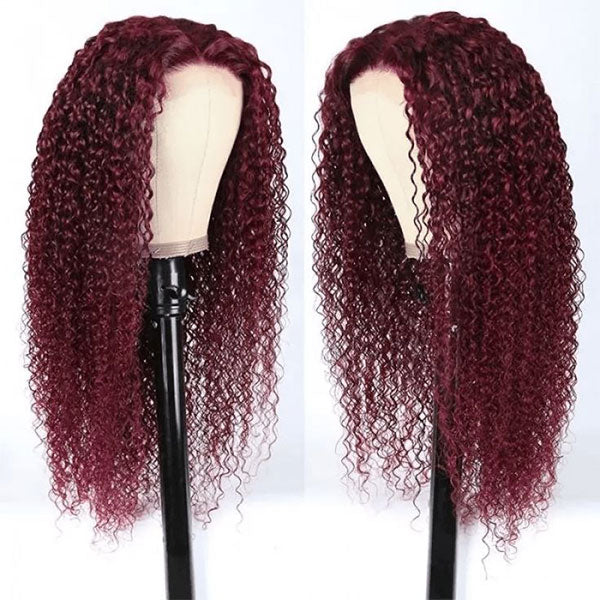 99J Deep Wave Wig Glueless Lace Front Wig Burgundy Deep Curly Human Hair Wigs with Baby Hair Pre-Cut Lace